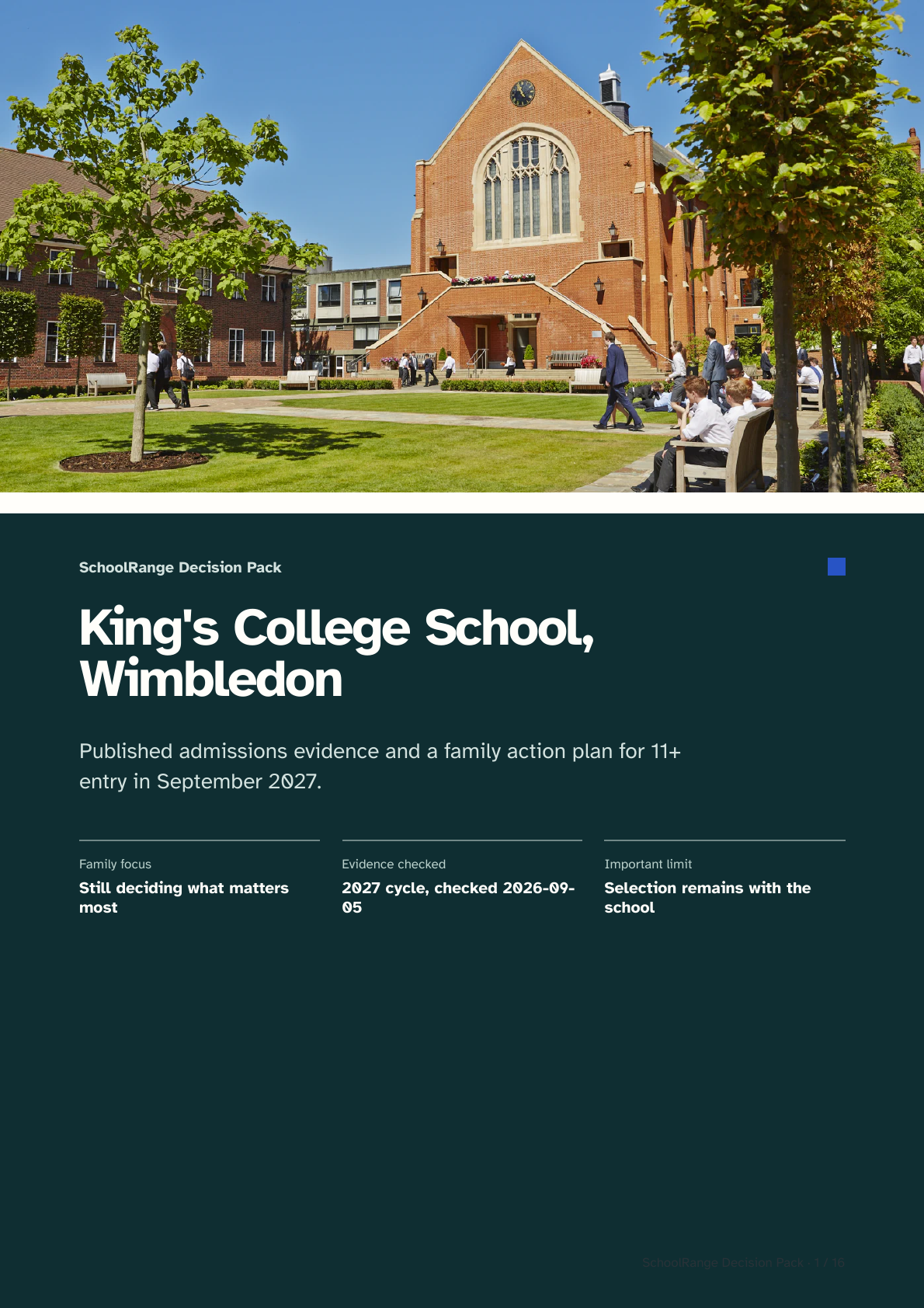 English PDF cover of the King’s College School, Wimbledon Decision Pack for 11+ entry in 2027